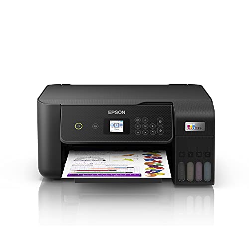 Epson Imprimante EcoTank ET-2821 avec réservoirs, Multifonction 3-en-1: Imprimante / Scanner / Copieur, A4, Jet d'encre couleur, Wifi Direct, Ecran, Faible coût par page, Kit d'encre inclus, Compact