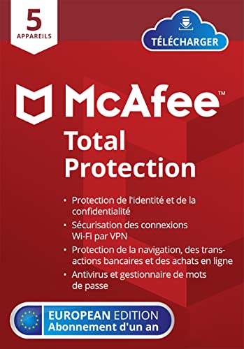 Mcafee Total Protection 2022 | 5 Appareils | 1 An | Antivirus, Sécurité Internet, Gestionnaire de Mots de Passe,Protection de l'Identité | PC/Mac/Android/Ios | Télécharger