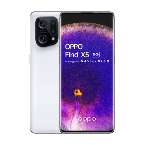 OPPO Find X5 – Smartphone 5G, 8 Go RAM + 256 Go, Écran 6.55'' OLED FHD+ 120Hz, 1 Milliard de couleurs, 50 MP + 50 MP + 13MP, Vidéo de Nuit 4K, 4800 mAh Recharge Rapide 80W, IP54, Blanc [version FR]