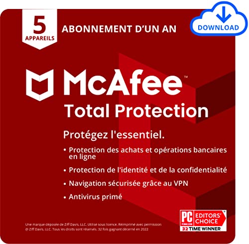 Mcafee Total Protection 2022 | 5 Appareils | 1 An | Antivirus, Sécurité Internet, Gestionnaire de Mots de Passe,Protection de l'Identité | PC/Mac/Android/Ios | Télécharger