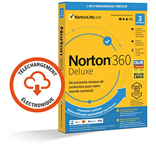 Norton 360 Deluxe 2021 | 3 Appareils | Antivirus, Sécurité Internet, Gestion Mots de Passe, Protection Webcam, Contrôle Parental, VPN, 25 GO Stockage Cloud | 1 An | PC/Mac/Android/iOS