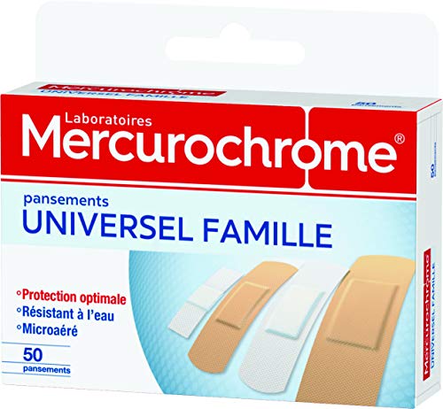 MERCUROCHROME - Pansements Universel Famille - 3 tailles - Protection optimale - Résistants à l'eau - Boite de 50 pansements