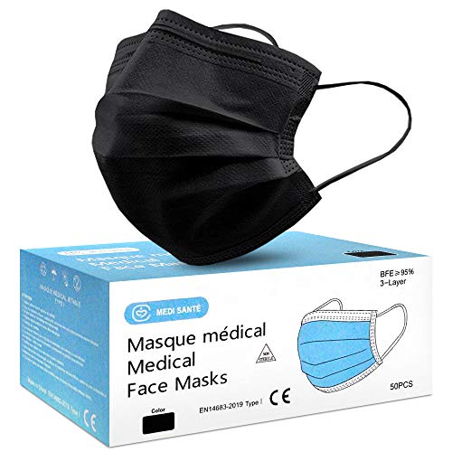 Lot de 50 Masque Noir Chirurgical médical jetable en Noir Masque de Protection Type I EN14683-2019, BFE≥95%, 3 Plis MEDI SANTÉ